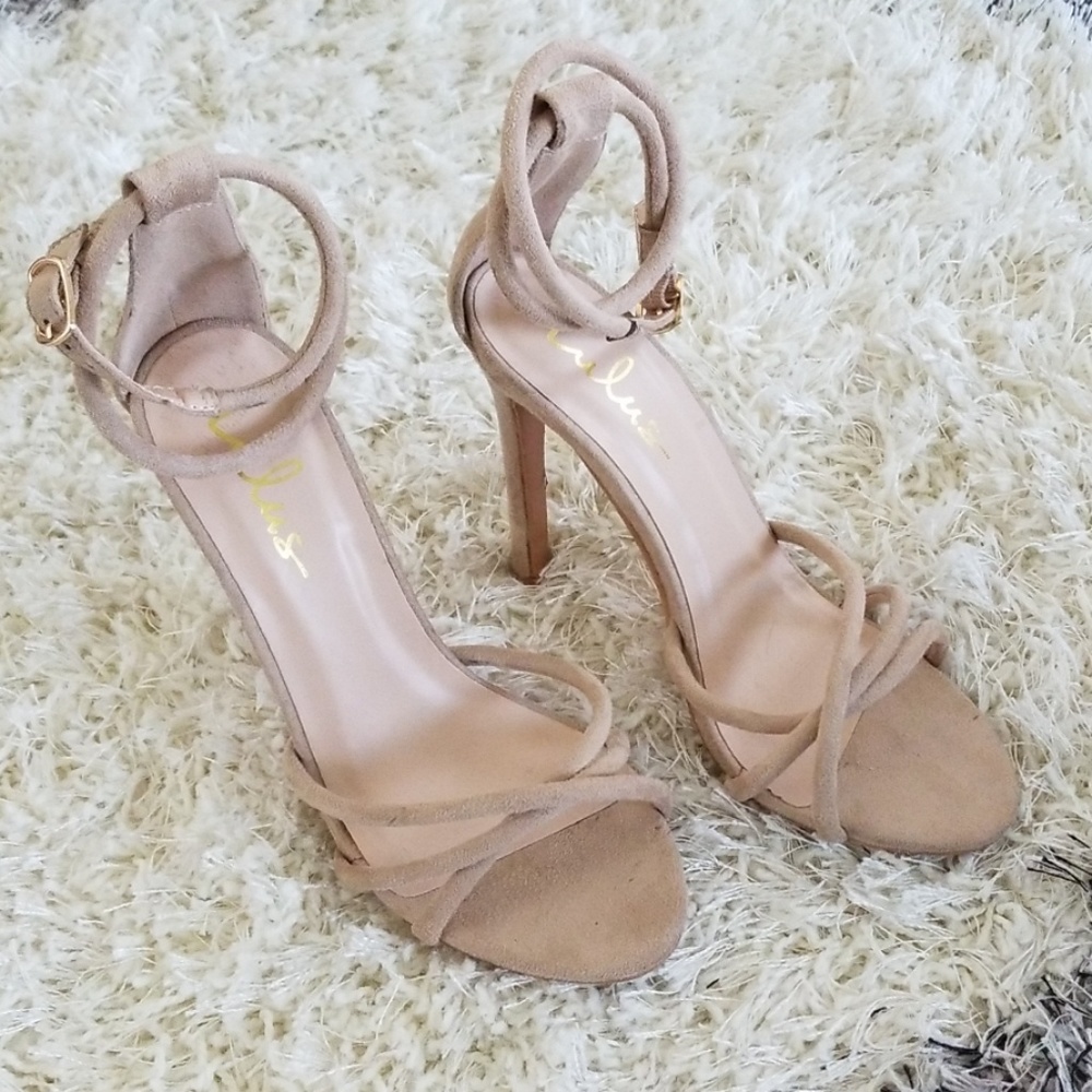 Lulu's nude suede three strap heels